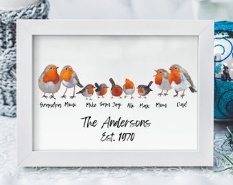 May include: A white framed print featuring a family of robins. The robins are arranged in a line, with the largest robin on the left and the smallest on the right. All the robins are facing forward, with their beaks open. The print includes the text "The Andersons Est. 1970" at the bottom.