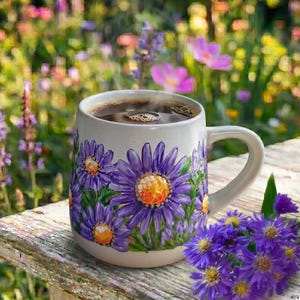 Hand Painted Aster Mug, September Birth Flower, Christmas Gift for Teacher, Personalized Name