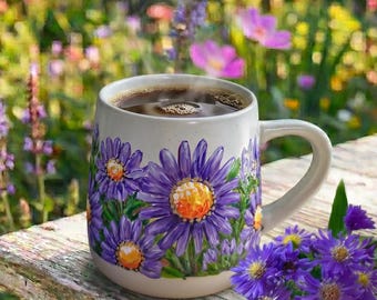 Hand Painted Aster Flower Mug, September Flower, Birth Flower Mug, September Wedding Gift, September Birthday, Aster Lover, Christmas Gift