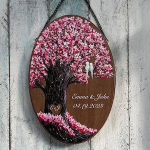 Personalized Wedding gift, Cherry Blossom Painting on Wood, Anniversary Gift, Gift for Couple, Engagement Gift, Gift for Parents Anniversary