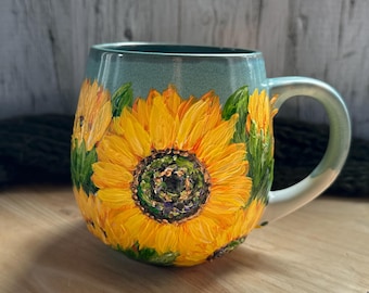 Sunflower Mug, Large 20oz Coffee Cup, Christmas Gift for Teacher, Floral Hand Painted Original