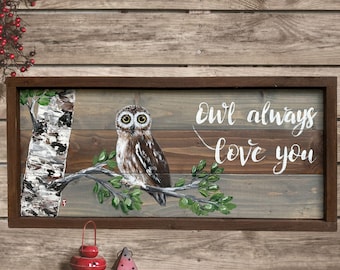 Arte de búho pintado a mano, letrero rústico de madera, regalo para amantes de los búhos