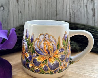 Hand-Painted Iris Flower Mug: February Birth Flower Gift