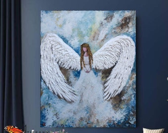 Original Angel Wing Painting on Canvas, Abstract Celestial Art