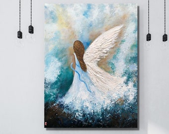 Pintura original de ángel, pintura de ángel sobre lienzo, arte del ángel guardián, pintura de alas de ángel, arte de ángel, pintura abstracta de ángel, decoración de ángel