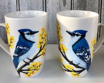 Hand Painted mug, Blue Jay mugs couple, Blue jay gift, Blue jay Mug, Gift for parents, Wedding gift for couple, Blue Jay painting, Blue Jay