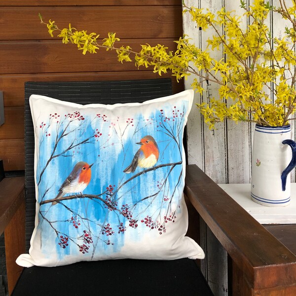 Love birds painting, painted Pillow cover, cushion cases, hand painted pillow, decorative pillow, hand painted cushion, designer pillow