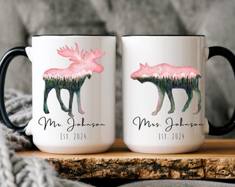 Personalized Moose Mug, Mr and Mrs Mug, Wedding Gift for Couple Gift, Custom Couple Name Mug, New Bride and Groom Gift, Husband and Wife Mug