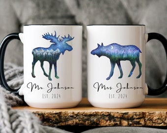 Personalized Mr and Mrs Coffee Mug, Moose Mug, Husband and Wide Mug, Bride and Groom Mug, Mr. and Mrs Mug, Mountain Moose, Anniversary Gift