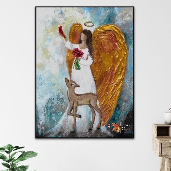 Original Angel painting canvas, Angel cardinal, Guardian Angel, Angel wings , Angel art, Christmas gift, Sympathy gift, loss of loved one,