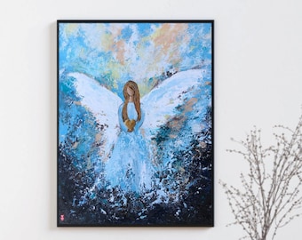 キャンバスに描かれたオリジナルの天使の絵画、守護天使のアート、パレットナイフによる厚塗り技法