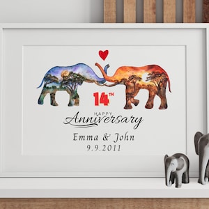 Digital Elephant Couple Print, Personalized Elephant Couple, Couple Ivory 14th Anniversary Gift, Elephant Gift for Husband, Gift for Wife