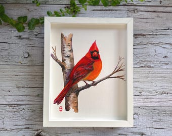 Framed Christmas Cardinal Watercolor Painting, Original Bird Art