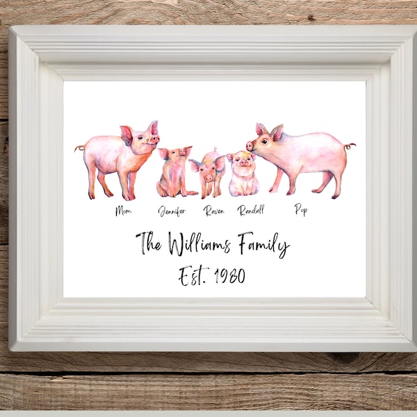 Pig Family Names Print, Personalized Family Name Print, Animal Family Print, Pig Anniversary Gift, Farmhouse Decor, Pig Lover Gift, Pig Gift