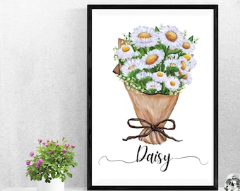 Stampa con il fiore di nascita di aprile: Decorazione murale personalizzata con bouquet di margherite