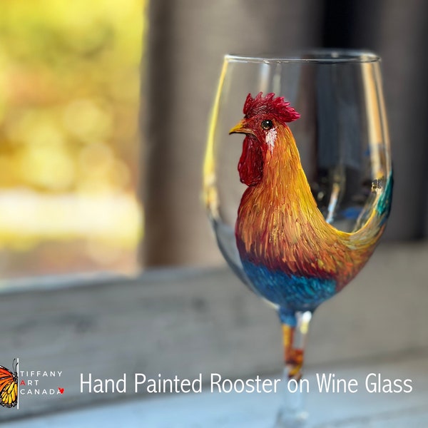 Verre à vin coq peint à la main, cadeau de Noël pour amateur de coq, verre à vin oiseau, verre à vin personnalisé, peinture coq, déco coq