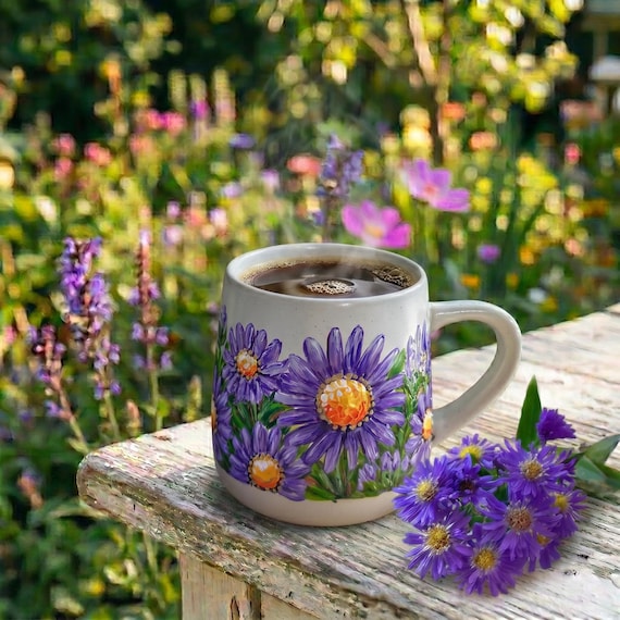 Hand Painted Aster Flower Mug, September Flower, Birth Flower Mug, September Wedding Gift, September Birthday, Aster Lover, Christmas Gift