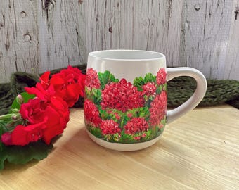Hand-Painted Red Geranium Mug, Floral Coffee Cup, Gardener Gift
