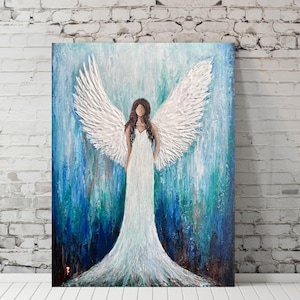Original Angel Painting on Canvas: Textured Impasto Artwork