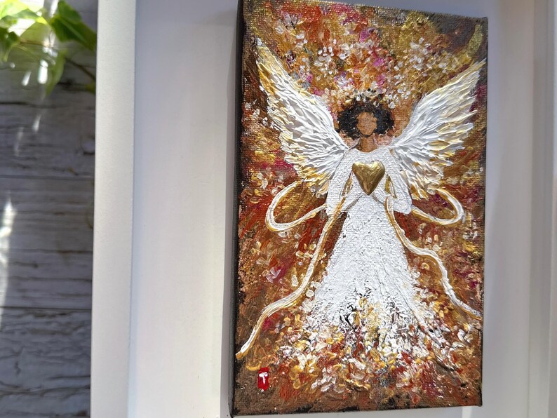 キャンバスに描かれたオリジナルの天使の絵画、抽象的な翼のアート、守護天使の装飾 画像 4