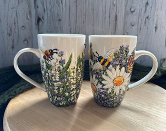 Hand Painted Lavender and Bee Mug, Floral Hand Painted Coffee Mug, Flower Christmas Gift, Birth Month Flower Mug, Gift For Mom, Grandma Gift
