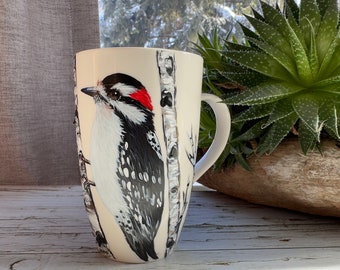 Hand Painted Woodpecker Mug, Bird Mug Handmade, Woodpecker Gift, Wildlife Mug, Birthday Gift for Mom Dad, Animal lover Mug, Bird Mom Gift