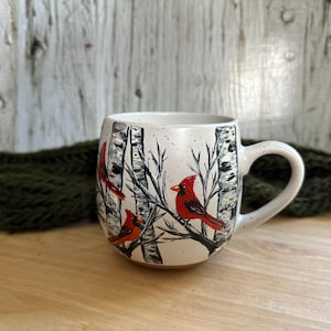 Hand Painted Cardinal Birch Tree Mug: Bird Lover Gift