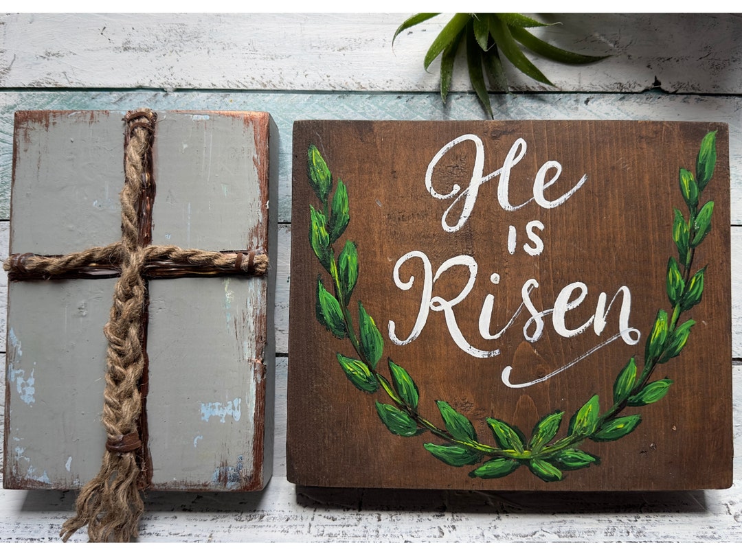 Hand Painted He Has Risen Sign, Cross With Rope, Easter Decorations