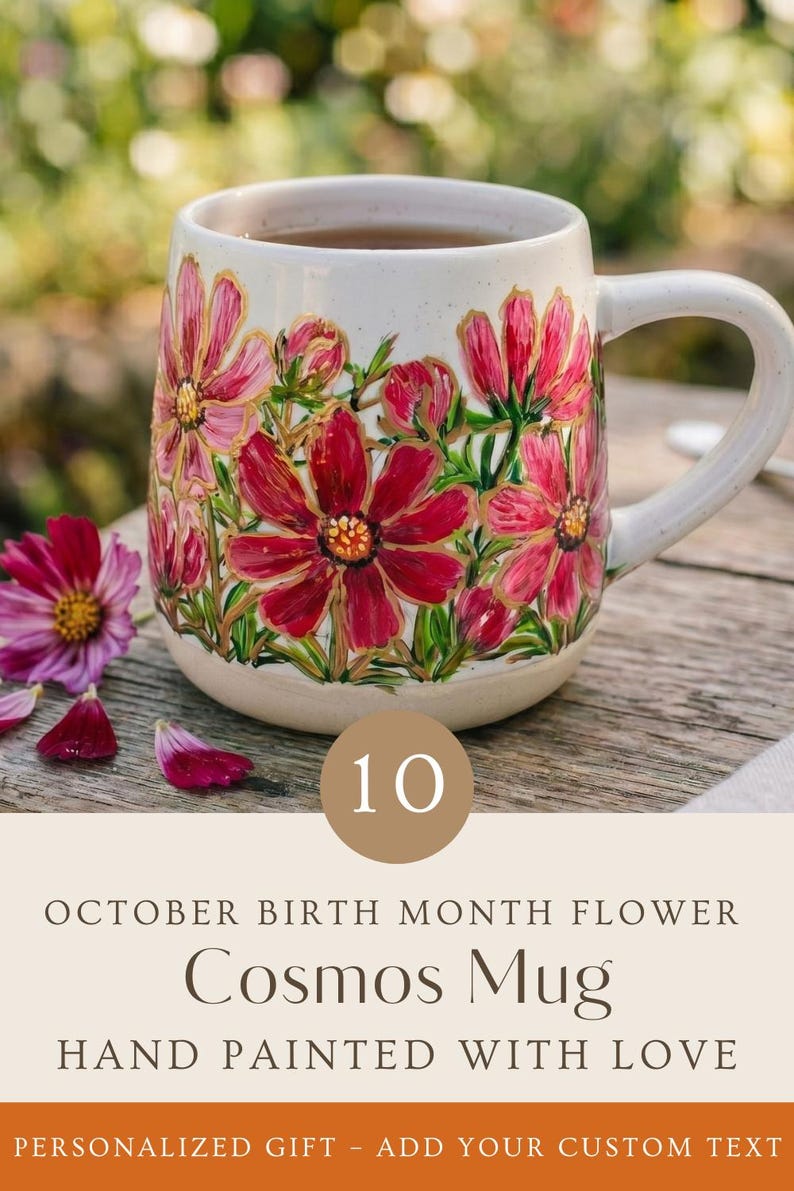 Custom Hand Painted Gladiolus Mug, August Birth Flower Gift, Birthday Gift for Mom, Personalized Coffee Cup for Her Oct. Cosmos