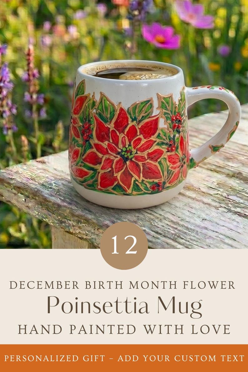 Custom Hand Painted Gladiolus Mug, August Birth Flower Gift, Birthday Gift for Mom, Personalized Coffee Cup for Her Poinsettia