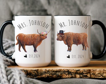 Personalized Mr. and Mrs. Coffee Mug, Highland Cow Couple Mug, Wedding Gift for Couple, Highland Cow Gift, Anniversary Gift, Engagement Gift