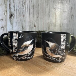 Hand Painted Chickadee Mug Set: Bird Couple Coffee Mugs