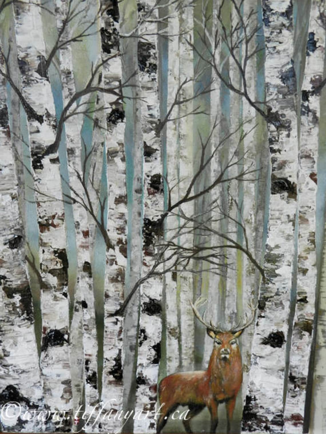 Birch Tree Art Birch Tree Painting Deer Painting Birch Tree Etsy