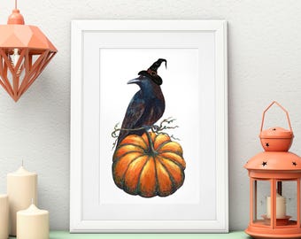 Halloween Witch Crow Print, Crow in Witch Hat, Bird on Pumpkin, Crow Artwork, Crow Print, Crow Lover Gift, Raven Art, Raven Lover Gift