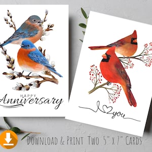 Tarjeta de aniversario con pájaros para descargar en formato digital, tarjeta de "te amo" para imprimir, regalo de aniversario, aniversario de padres, tarjeta de pájaro azul oriental