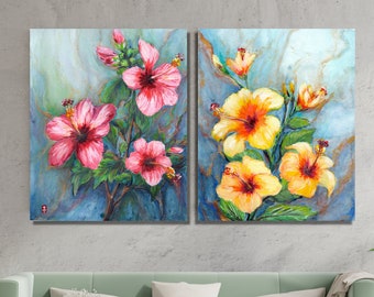 Original Hibiscus Painting Set of 2, Hibiscus Art, Hibiscus Wall art, Flowers Painting, Floral Painting, Hibiscus Wall Decal, Hibiscus Gift,