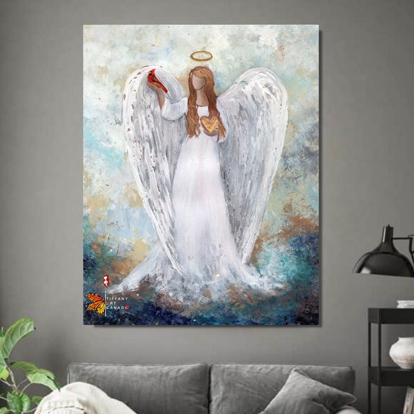Original Angel painting canvas, Angel Sympathy gift ,Angel cardinal, Guardian Angel, Angel wings , Angel art, Christmas gift, loss of Mom