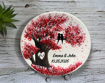 Handbeschilderd ringbakje met kersenbloesemmotief, gepersonaliseerd met datum en initialen, huwelijksgeschenk voor een stel, verlovingsgeschenk, cadeau voor pas verloofden, jubileumgeschenk