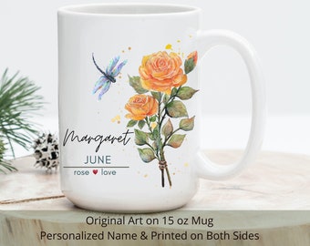 Personalized June Birth Flower Mug: Rose Art Coffee Mug