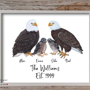 Könnte beinhalten: Ein weißer Hintergrund mit einer Familie von Weißkopfseeadlern. Die Mutter und der Vater Adler stehen auf dem Boden mit ihrem Adlerjungen dazwischen. Der Text "The Williams Est. 1999" befindet sich unter den Adlern.