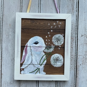 Bunny Painting on Wood, Bunny Decorations, Rabbit and Dandelion Painting, Bunny Lover Gift, Rabbit Birthday Gift, Bunny Gift for Girl Bday