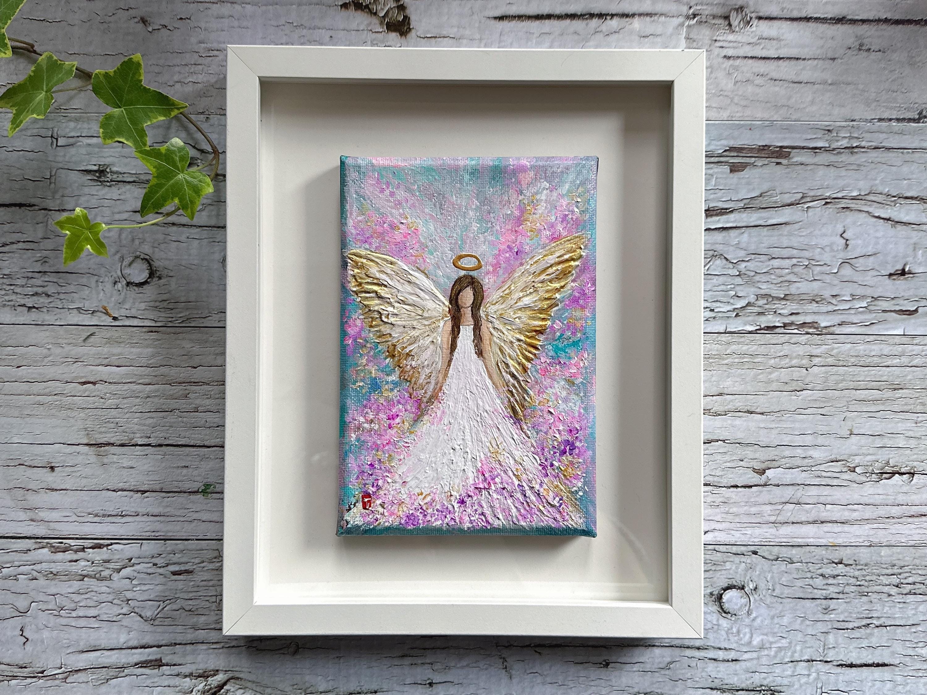Original Framed Angel Painting on Canvas, Abstract Wings Art, Guardian Angel Decor
