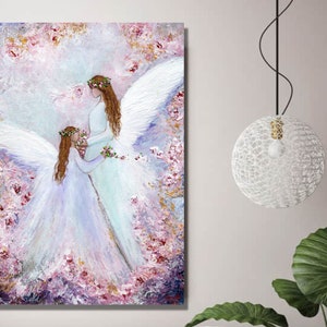 Two Angels With Roses Painting on Canvas, Abstract Angel Art, Angel Gift for Mom, Ange Art, Angel Decor, Angel Wall Art, Angel Office Art