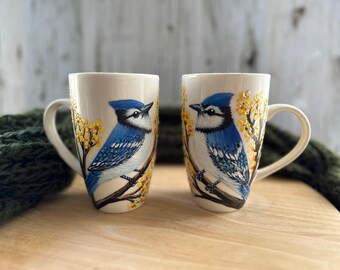Hand-Painted Blue Jay Mug, Unique Bird Art Coffee Cup, Canada Bird