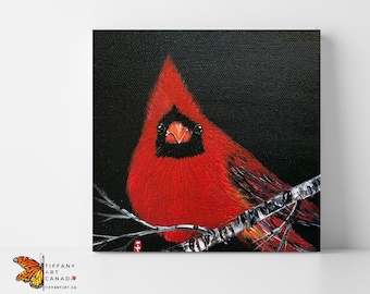 Pintura acrílica original de un cardenal, arte navideño de pájaro rojo, 6x6
