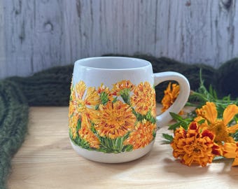 Custom Hand Painted Marigold Mug, Personalized Floral Coffee Cup, Unique Thank You Gift for Teacher, October Birth Flower Gift