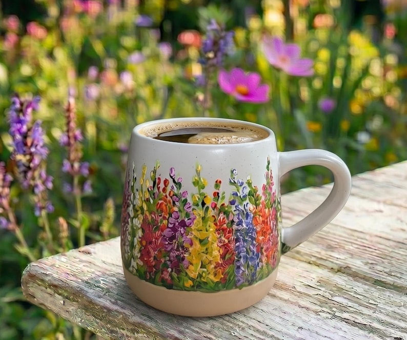 May include: A ceramic mug with a speckled off-white finish featuring a hand-painted design of colorful wildflowers in shades of purple, yellow, red, and blue around the base. The mug has a curved handle and contains a dark brown liquid beverage.