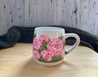 Hand Painted Peony  Mug, Custom Flower Mug, Pink Peony Mug, Peony Lover Gift, Personalized Name Cup, Gift for Mom, Teacher, Sister, Grandma