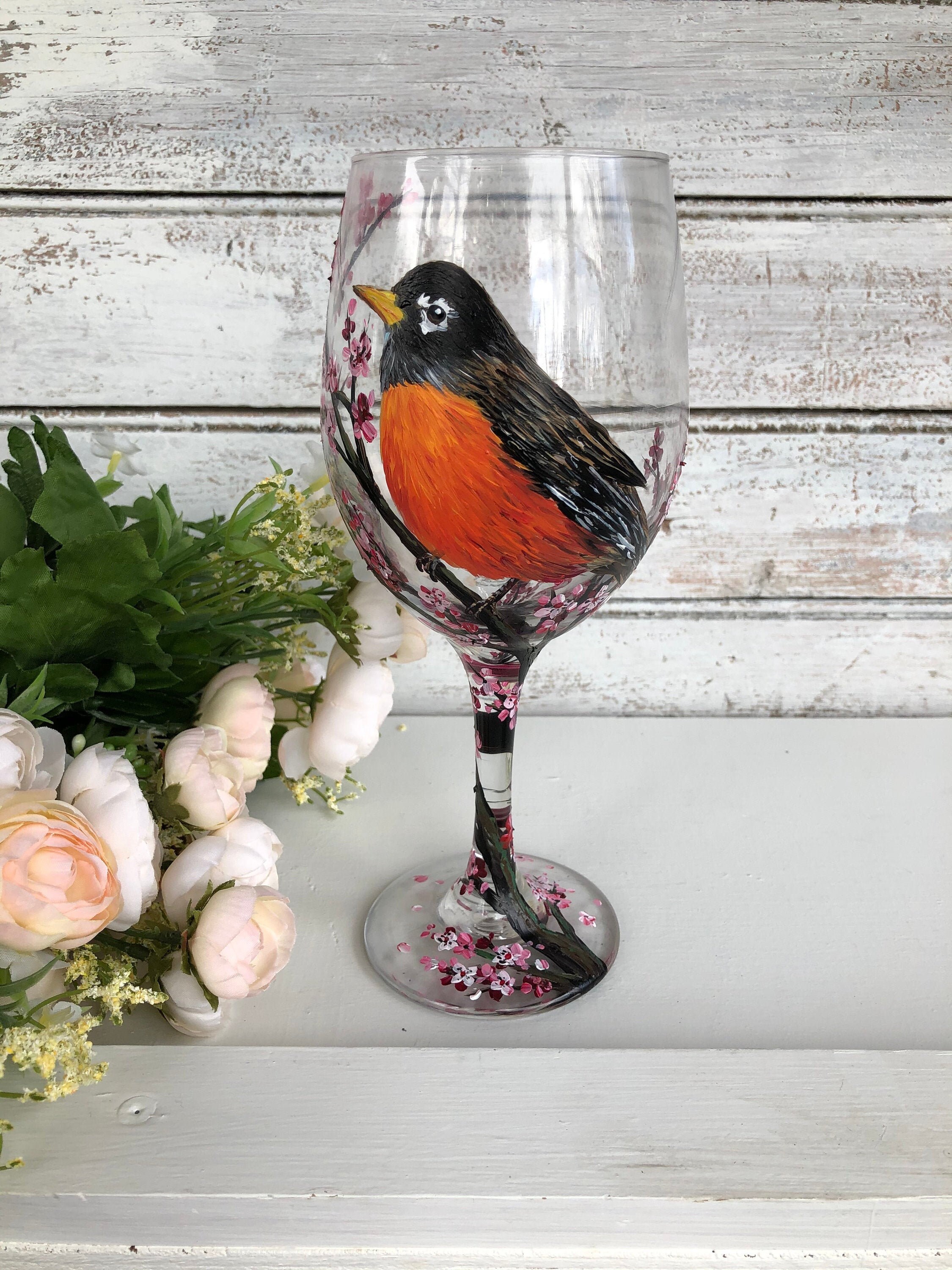 Hand Painted Wine Glass Robin Wine Glass Bird Wine Glass Etsy Canada