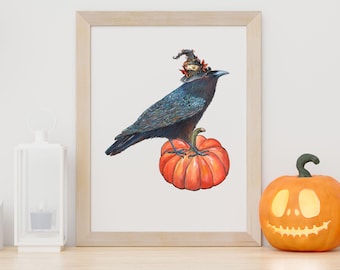Halloween Witch Crow Print, Crow in Witch Hat, Bird on Pumpkin, Crow Artwork, Crow Raven Lover Gift, Halloween Party Gift, Fall Wall Decor